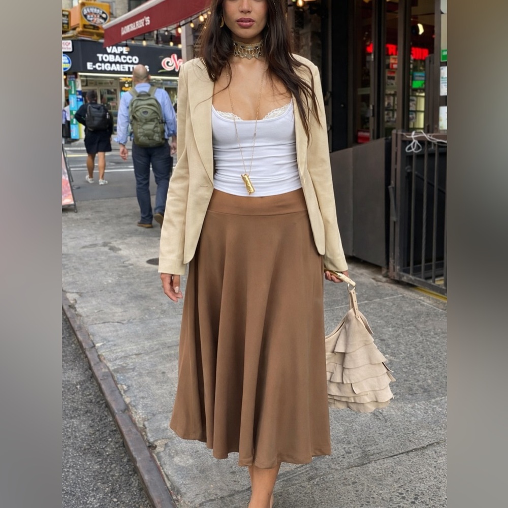 Mocha Brown Fold Over Waist A-Line Flare Midi Skirt Size M Vintage Y2K